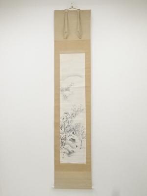 朝見香城筆　雪中山水図　肉筆紙本掛軸（共箱）